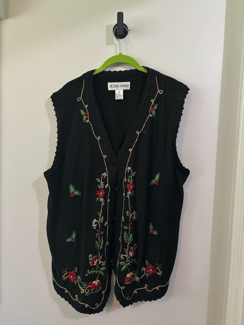 Vintage Womens Sweater Vest 1X Christmas Embellished Crochet 90's Victoria Wmn
